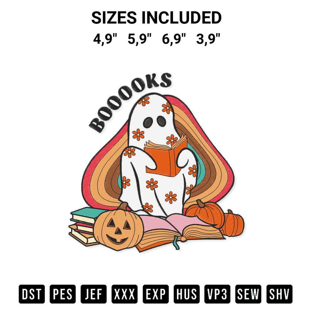 Discover the perfect addition to your crafting collection: Boo Ghost Reading Boooooks Vintage Hippie Retro Halloween Logo Embroidery Design embroidery file. Instantly available at Designspacks.com. Available sizes: 4,9", 5,9", 6,9", 3,9".