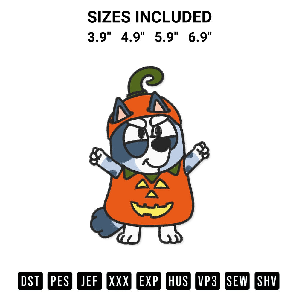 Transform your fabrics with the Muffin Dog Pumpkin Halloween Embroidery Design embroidery design. Instant access to premium digitized patterns at Designspacks.com. Available sizes: 3.9", 4.9", 5.9", 6.9".