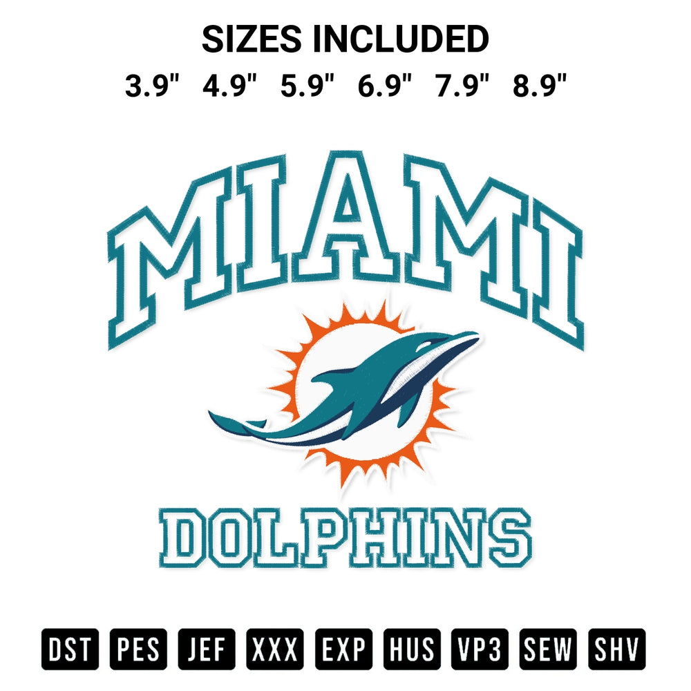 Create amazing crafts with the Miami Dolphins Embroidery Design embroidery file. High-quality digital download from Designspacks.com, perfect for beginners and pros. Available sizes: 3.9", 4.9", 5.9", 6.9", 7.9", 8.9".