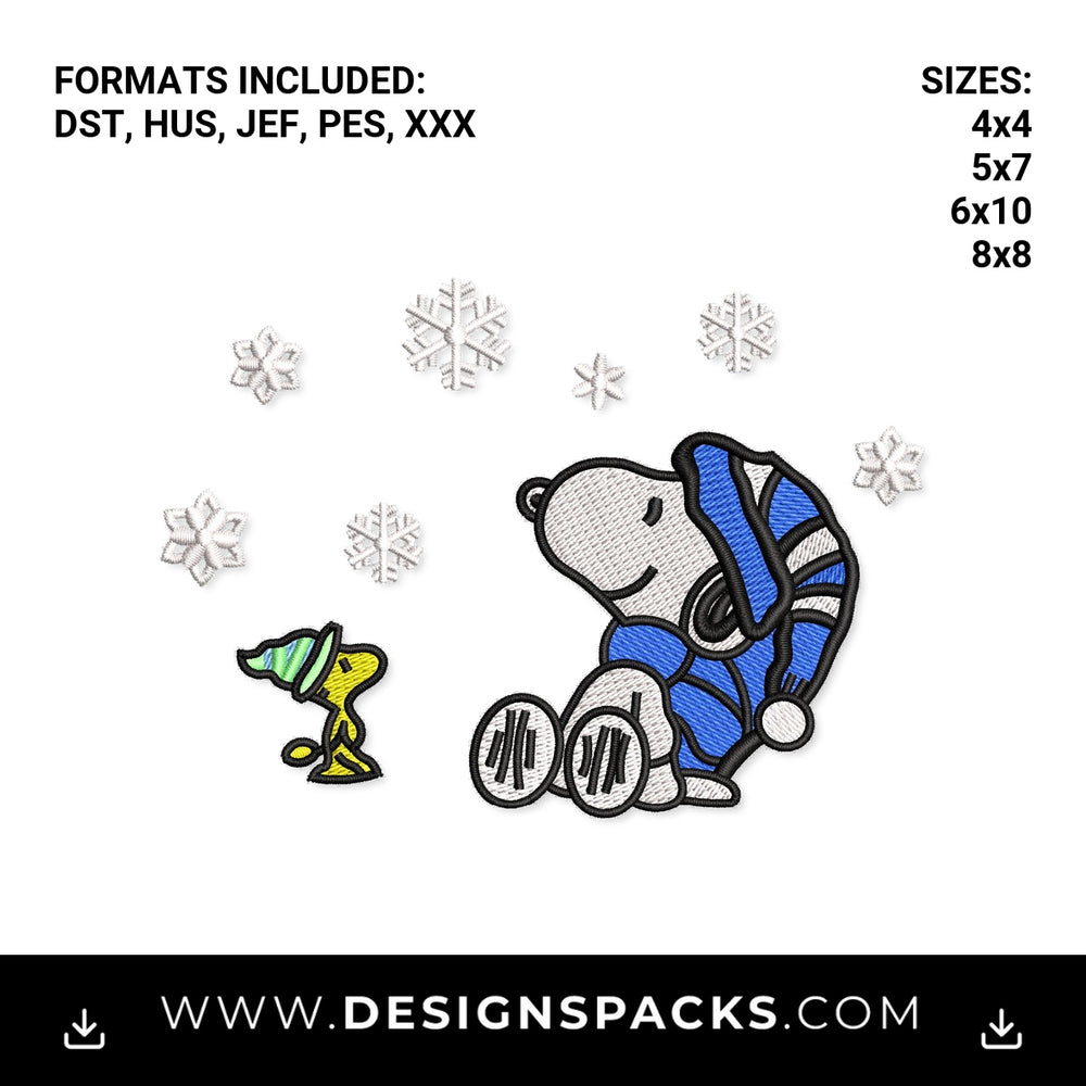 Snoopy & Woodstock Winter Snowflakes Embroidery Design - Instant digital download pattern at Designspacks.com