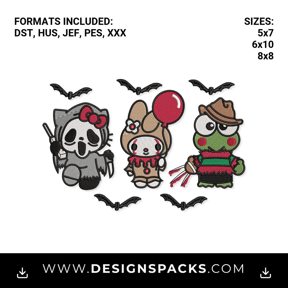 Cute Halloween Horror Friends Embroidery Design - Instant digital download pattern at Designspacks.com