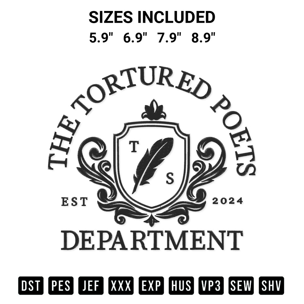 Shop the The Tortured Poets Department Est 2024 Embroidery Design machine embroidery pattern at Designspacks.com. Beautifully digitized for flawless stitching on any fabric. Available sizes: 5.9", 6.9", 7.9", 8.9".