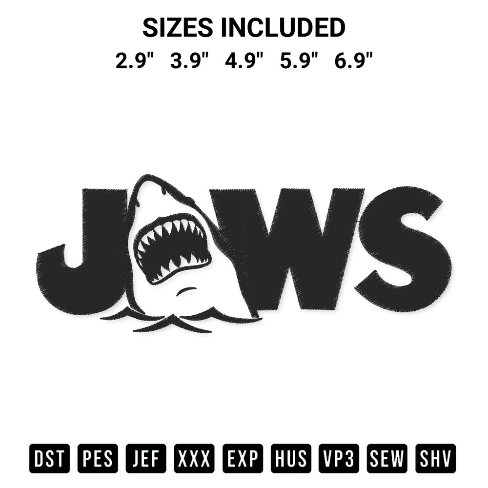 Get the Jaws Movie Embroidery Design embroidery design for your custom crafts! Premium digitized files available for instant download at Designspacks.com. Available sizes: 2.9", 3.9", 4.9", 5.9", 6.9".