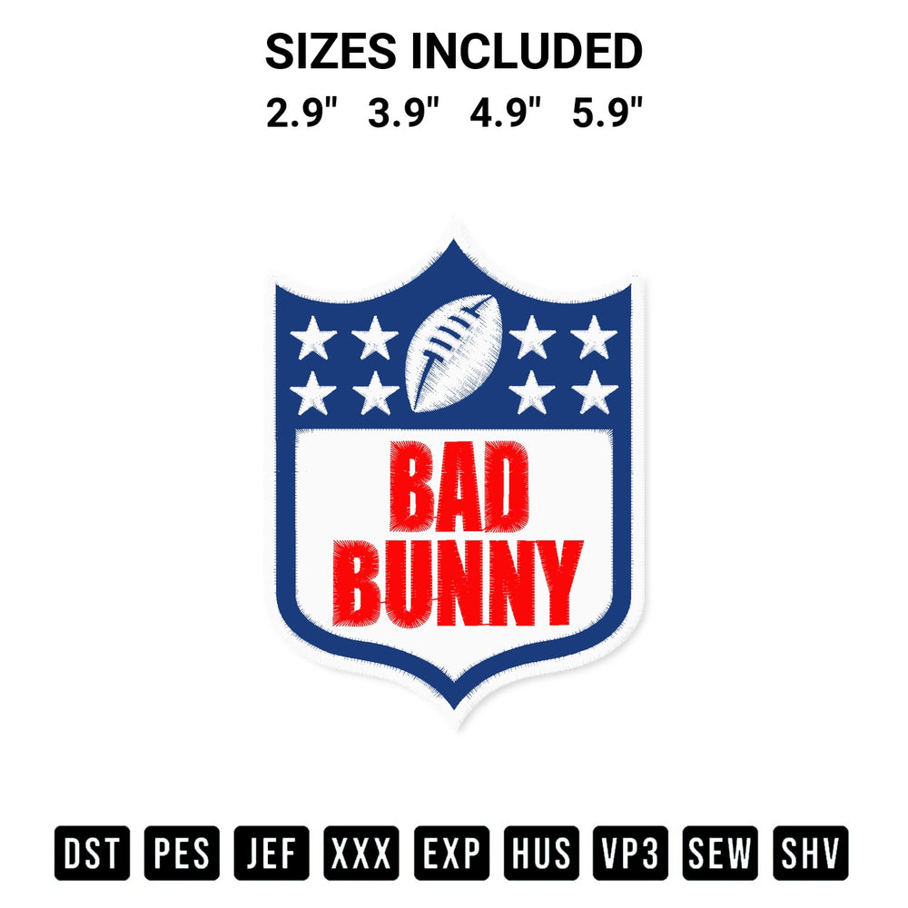 Stitch like a pro with the Nfl Bad Bunny 2026 Embroidery Design embroidery pattern from Designspacks.com. High-quality digital machine embroidery file. Available sizes: 2.9", 3.9", 4.9", 5.9".