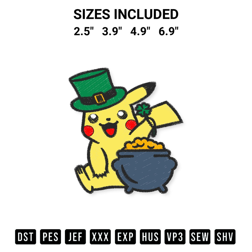 Transform your fabrics with the Pikachu Leprechaun With Pot Of Gold Embroidery Design embroidery design. Instant access to premium digitized patterns at Designspacks.com. Available sizes: 2.5", 3.9", 4.9", 6.9".
