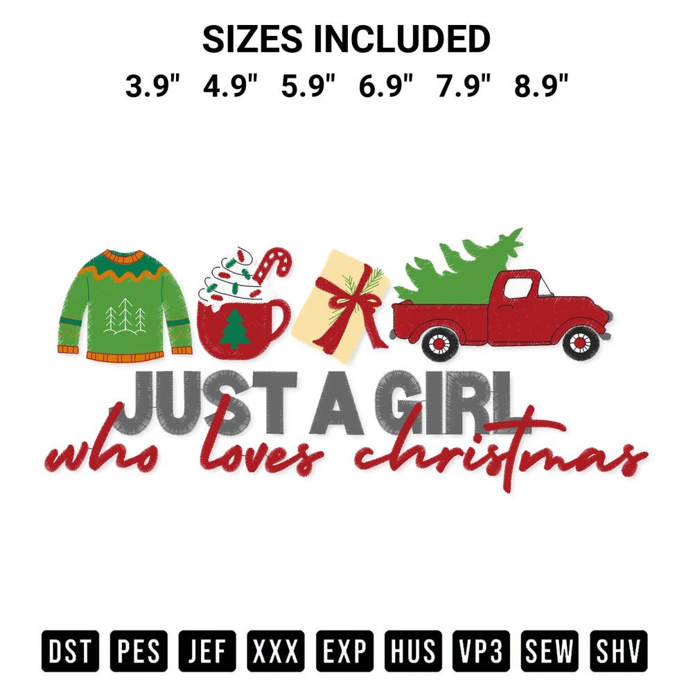 Elevate your next project with our Girl Loves Christmas Embroidery Design embroidery file. Shop high-quality digital patterns instantly at Designspacks.com. Available sizes: 3.9", 4.9", 5.9", 6.9", 7.9", 8.9".