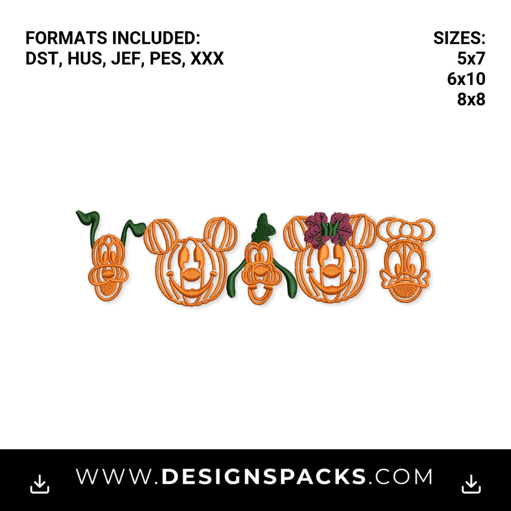 Mickey and Friends Halloween Pumpkins Embroidery Design - Instant digital download pattern at Designspacks.com