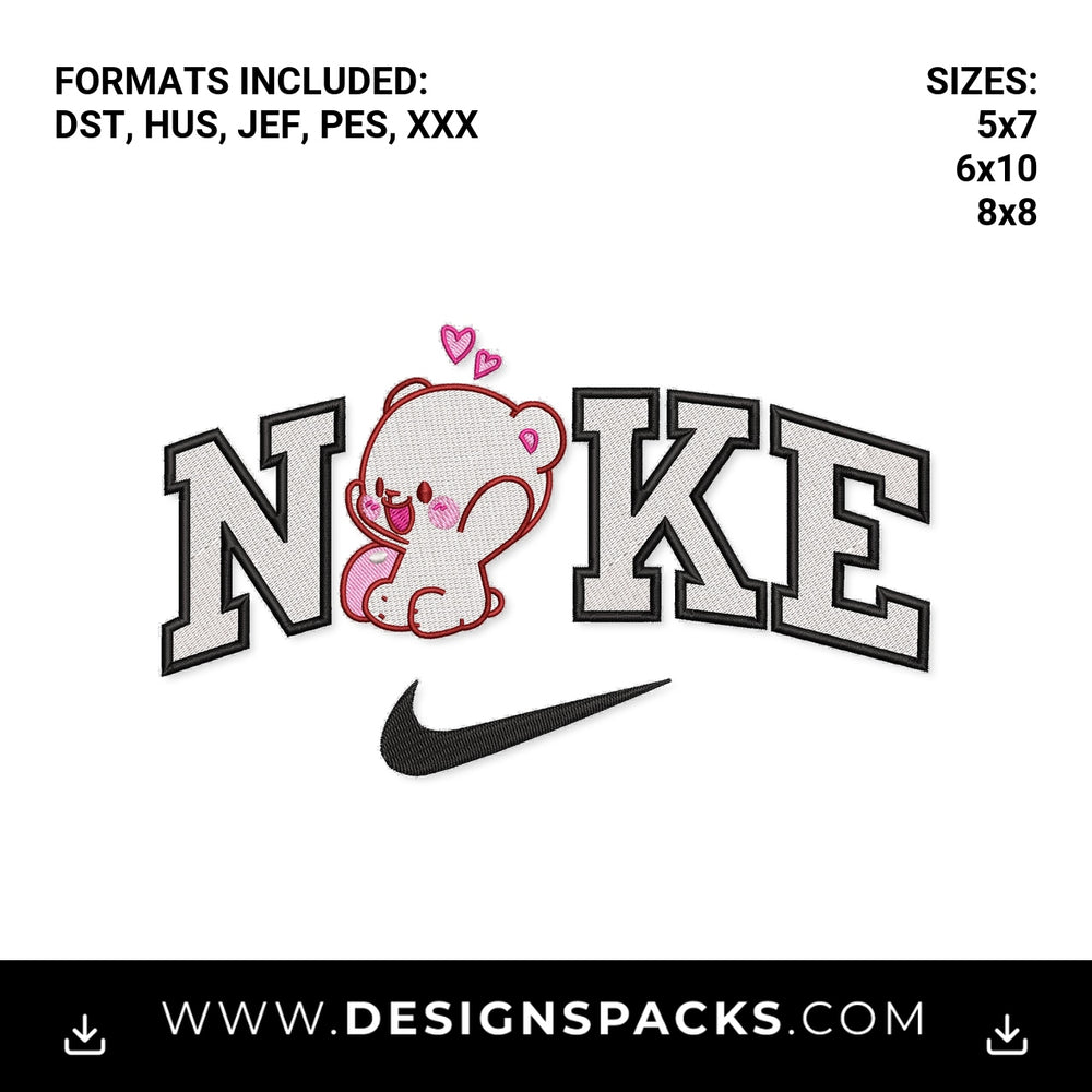 Cute Cartoon Bear Varsity Swoosh Embroidery Design - Instant digital download pattern at Designspacks.com