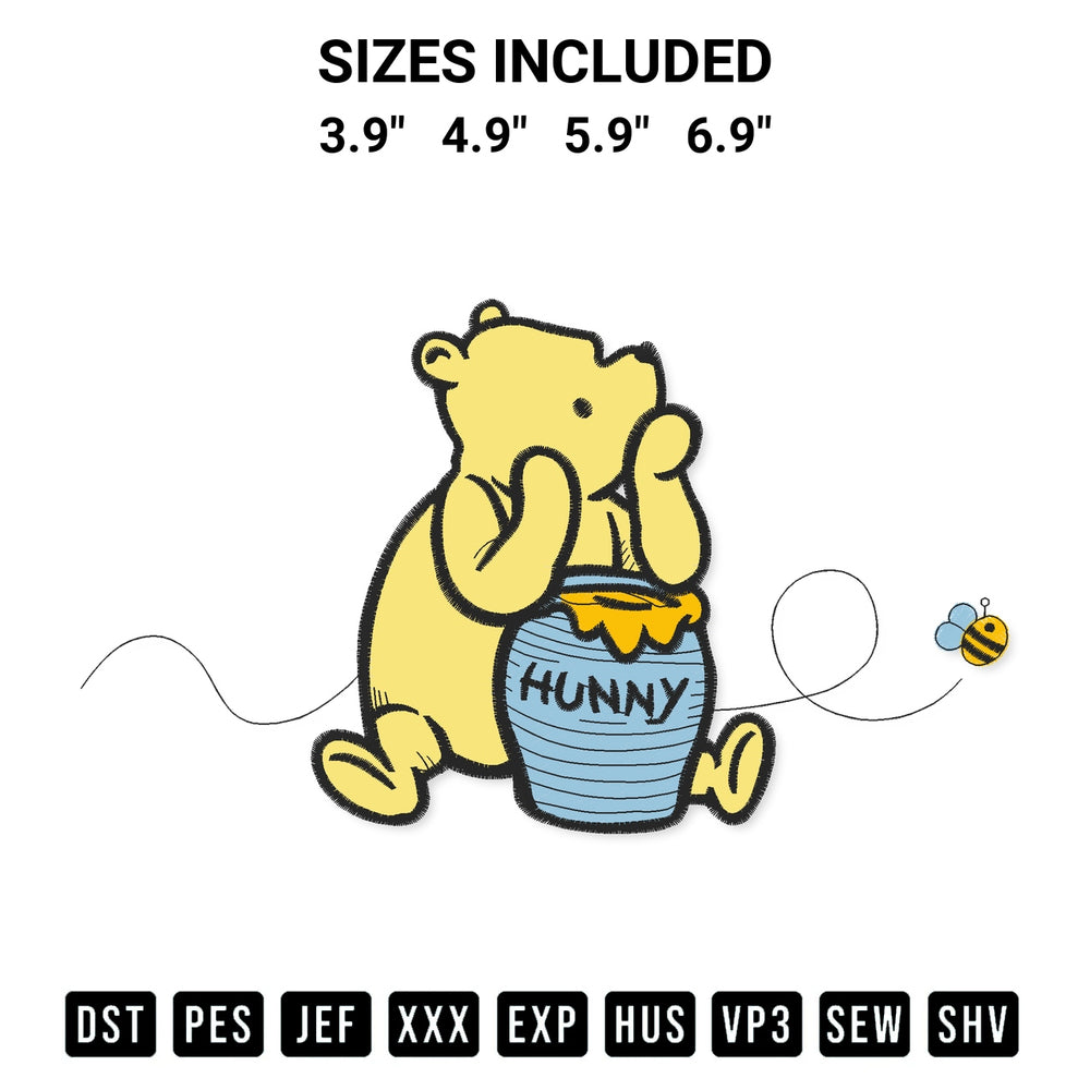 Transform your fabrics with the Winnie The Pooh Hunny Embroidery Design embroidery design. Instant access to premium digitized patterns at Designspacks.com. Available sizes: 3.9", 4.9", 5.9", 6.9".