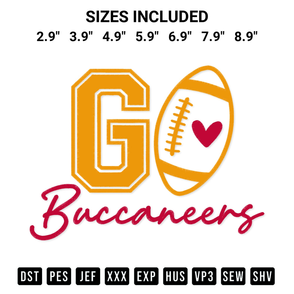 Discover the perfect addition to your crafting collection: Go Buccaneers Football Embroidery Design embroidery file. Instantly available at Designspacks.com. Available sizes: 2.9", 3.9", 4.9", 5.9", 6.9", 7.9", 8.9".
