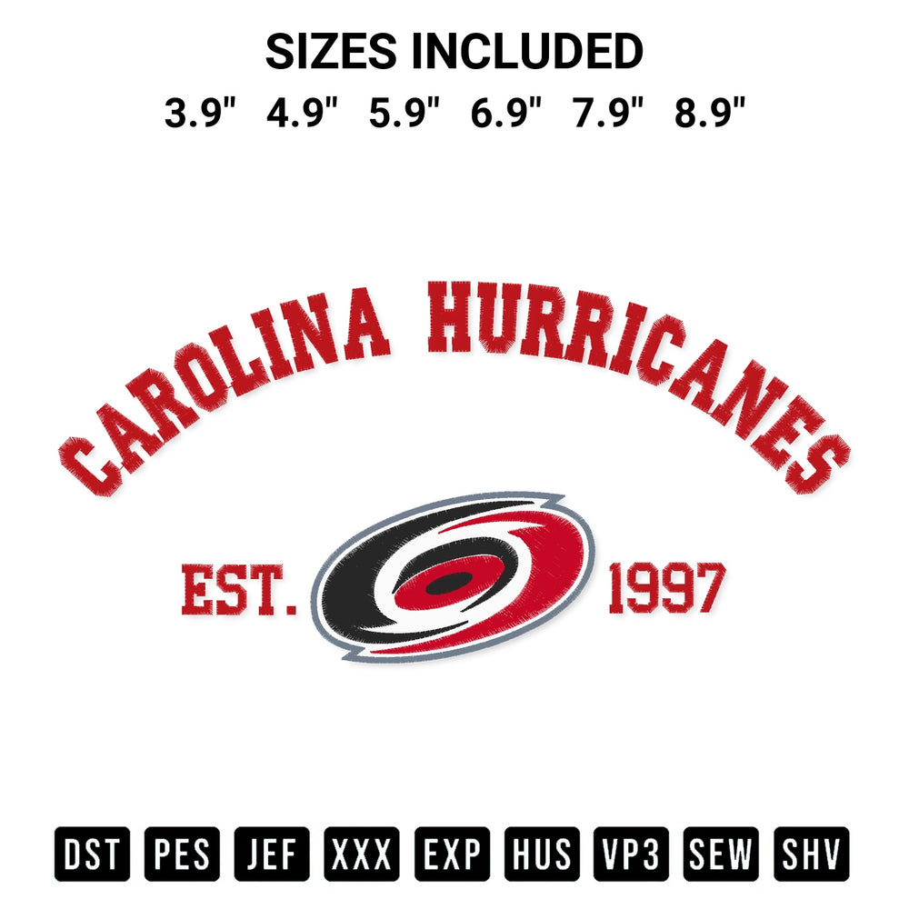 Discover the perfect addition to your crafting collection: Carolina Hurricanes Est 1997 Embroidery Design embroidery file. Instantly available at Designspacks.com. Available sizes: 3.9", 4.9", 5.9", 6.9", 7.9", 8.9".