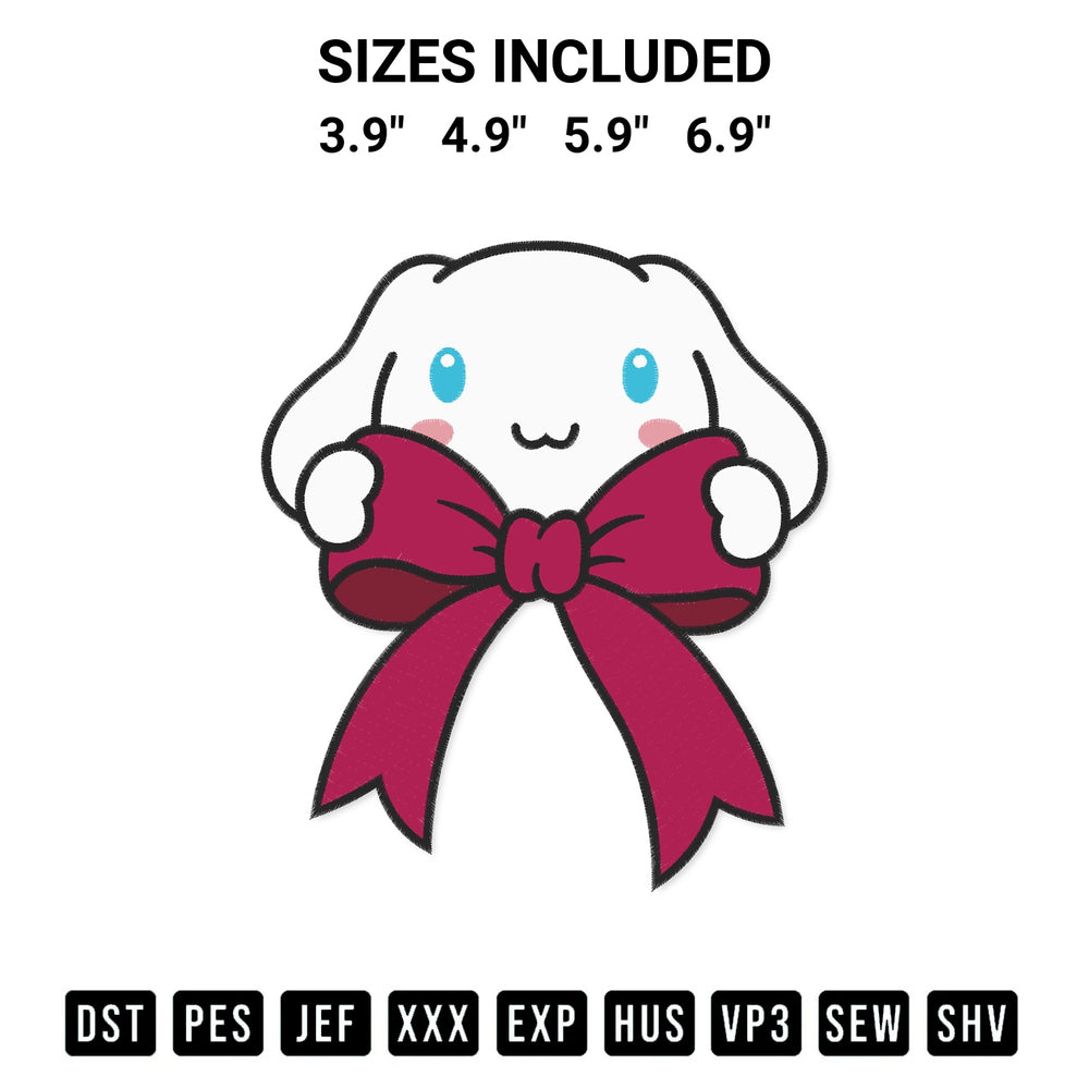 Transform your fabrics with the Cinnamoroll Coquette Bow Embroidery Design embroidery design. Instant access to premium digitized patterns at Designspacks.com. Available sizes: 3.9", 4.9", 5.9", 6.9".