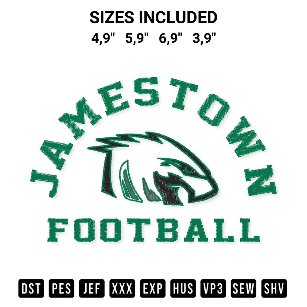 Discover the perfect addition to your crafting collection: Jamestown Football Logo Embroidery Design embroidery file. Instantly available at Designspacks.com. Available sizes: 4,9", 5,9", 6,9", 3,9".