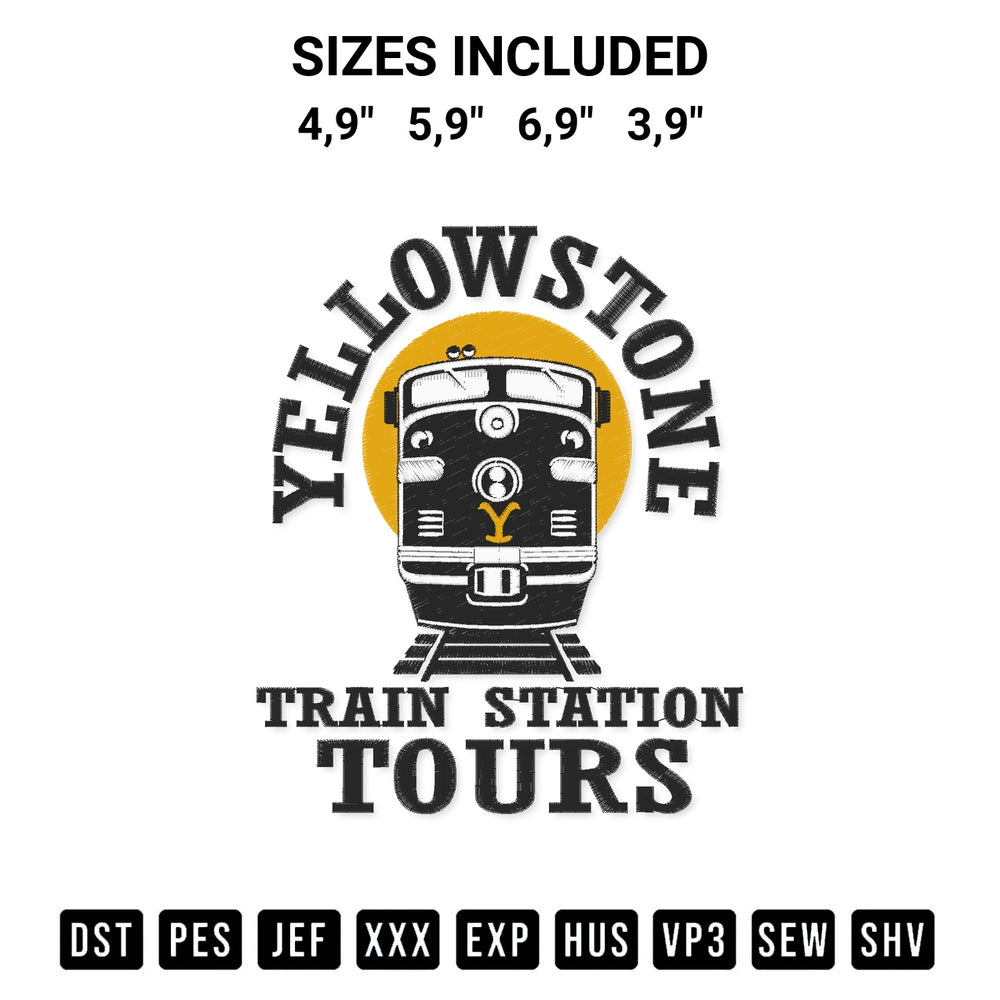 Add a unique touch to your apparel with the Yellowstone Train Station Tours Yellowstone Movie 2022 Embroidery Design embroidery file. Premium instant download available now on Designspacks.com. Available sizes: 4,9", 5,9", 6,9", 3,9".