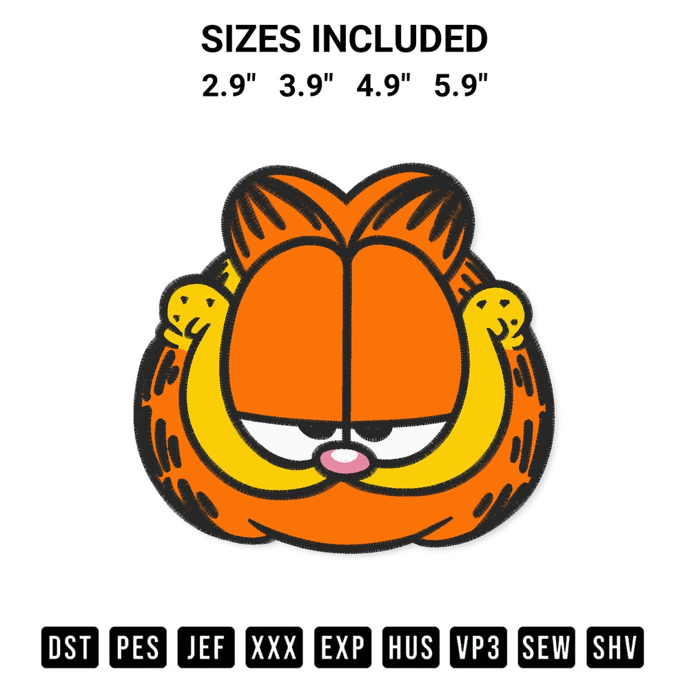 Stitch like a pro with the Garfield Head Embroidery Design embroidery pattern from Designspacks.com. High-quality digital machine embroidery file. Available sizes: 2.9", 3.9", 4.9", 5.9".