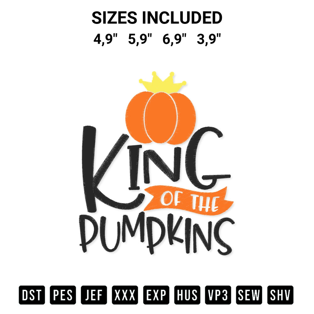 Shop the King Of The Pumpkins Logo Embroidery Design machine embroidery pattern at Designspacks.com. Beautifully digitized for flawless stitching on any fabric. Available sizes: 4,9", 5,9", 6,9", 3,9".