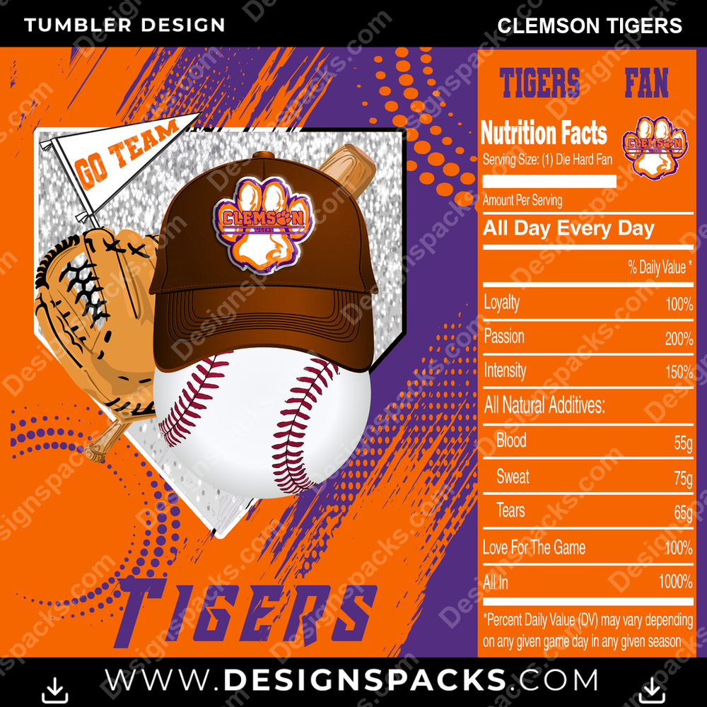College Sport Team Fan BaseBall Clemson Tigers NCAA College Sport Tumbler Digital Wrap Design Download