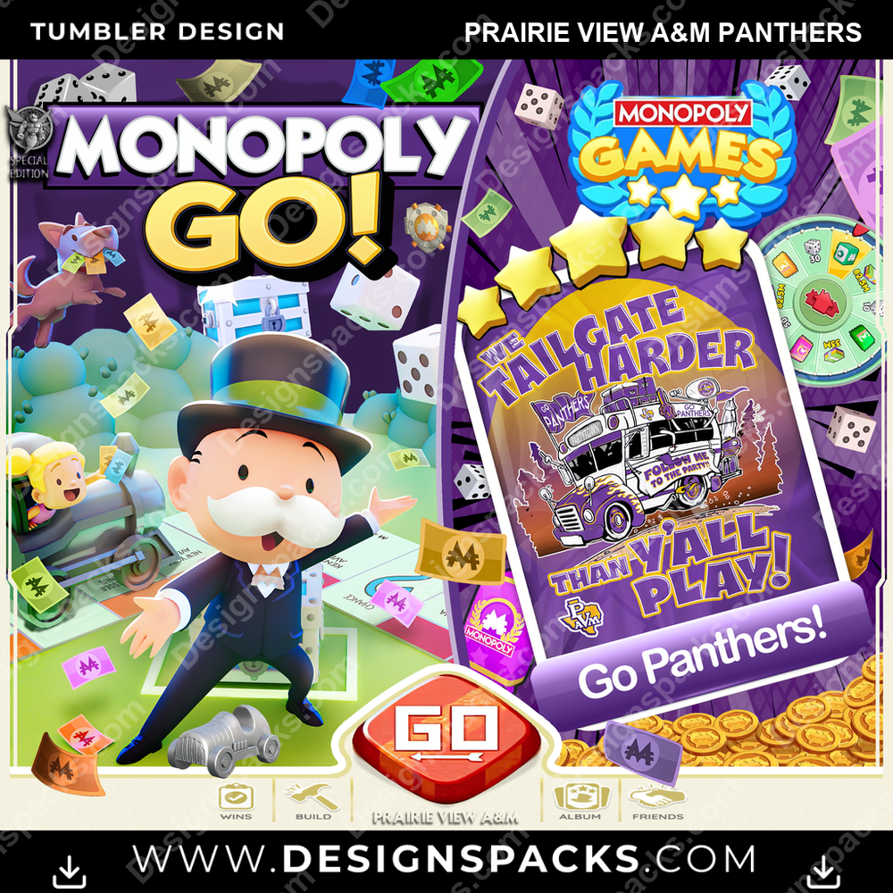 College Sport Monopoly Go! Prairie View A&M Panthers NCAA College Sport Tumbler Digital Wrap Design Download