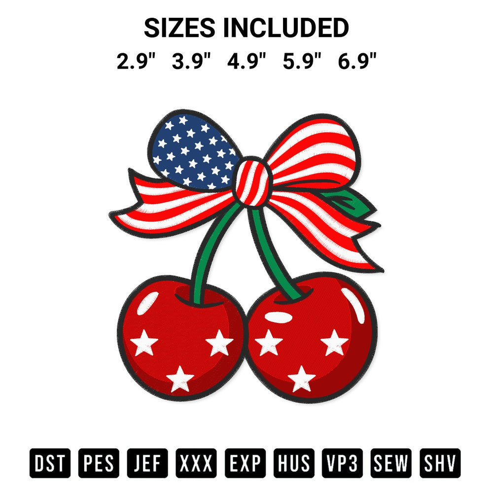 Stitch like a pro with the Patriotic Cherry Embroidery Design embroidery pattern from Designspacks.com. High-quality digital machine embroidery file. Available sizes: 2.9", 3.9", 4.9", 5.9", 6.9".