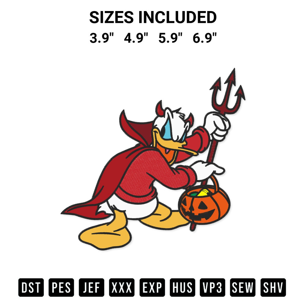 Get the Donald Duck Devil Halloween Embroidery Design embroidery design for your custom crafts! Premium digitized files available for instant download at Designspacks.com. Available sizes: 3.9", 4.9", 5.9", 6.9".