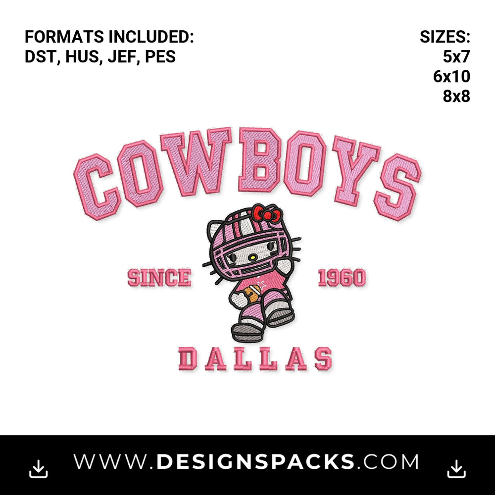 Dallas Cowboys Pink Kitty Football Embroidery Design - Instant digital download pattern at Designspacks.com