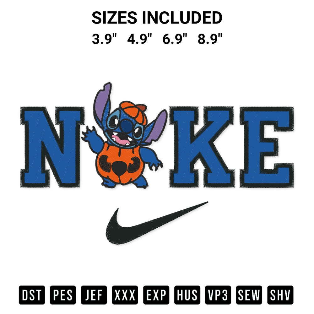 Shop the Nike Disney Stitch Pumpkin Funny Embroidery Design machine embroidery pattern at Designspacks.com. Beautifully digitized for flawless stitching on any fabric. Available sizes: 3.9", 4.9", 6.9", 8.9".