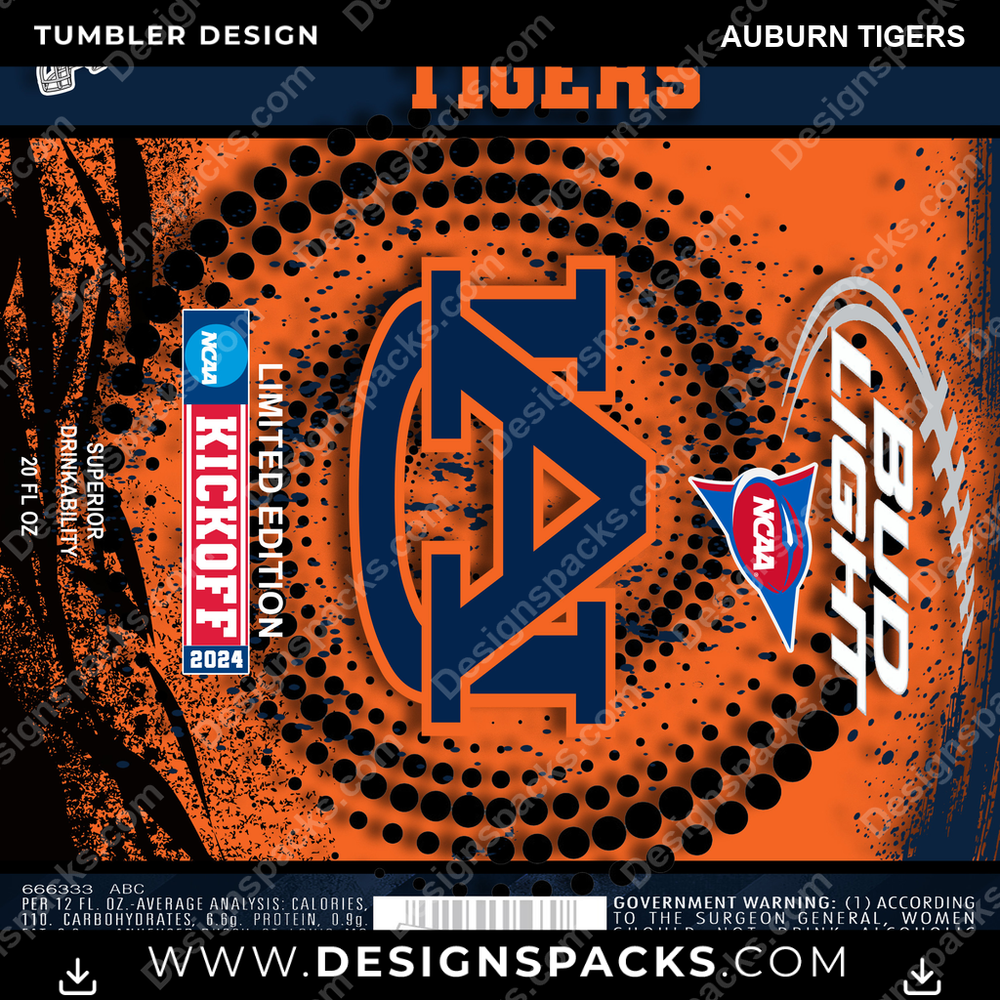 College Sport Bud Auburn Tigers Tumbler Digital Wrap Design