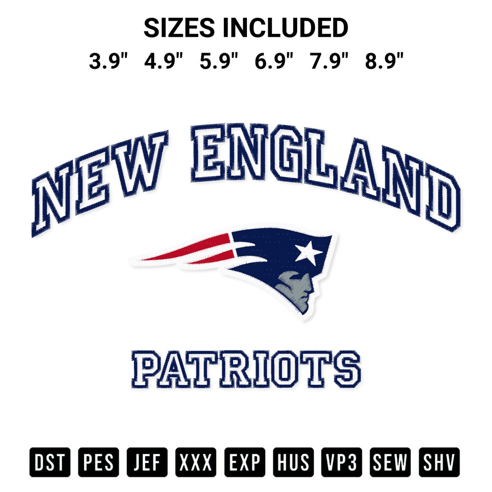 Shop the New England Patriots Embroidery Design machine embroidery pattern at Designspacks.com. Beautifully digitized for flawless stitching on any fabric. Available sizes: 3.9", 4.9", 5.9", 6.9", 7.9", 8.9".