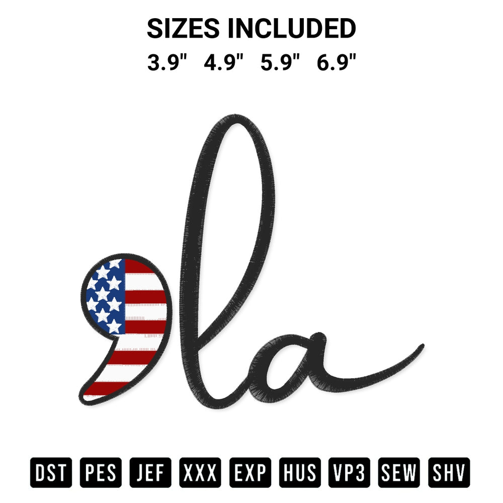 Get the Comma La American Flag Embroidery Design embroidery design for your custom crafts! Premium digitized files available for instant download at Designspacks.com. Available sizes: 3.9", 4.9", 5.9", 6.9".
