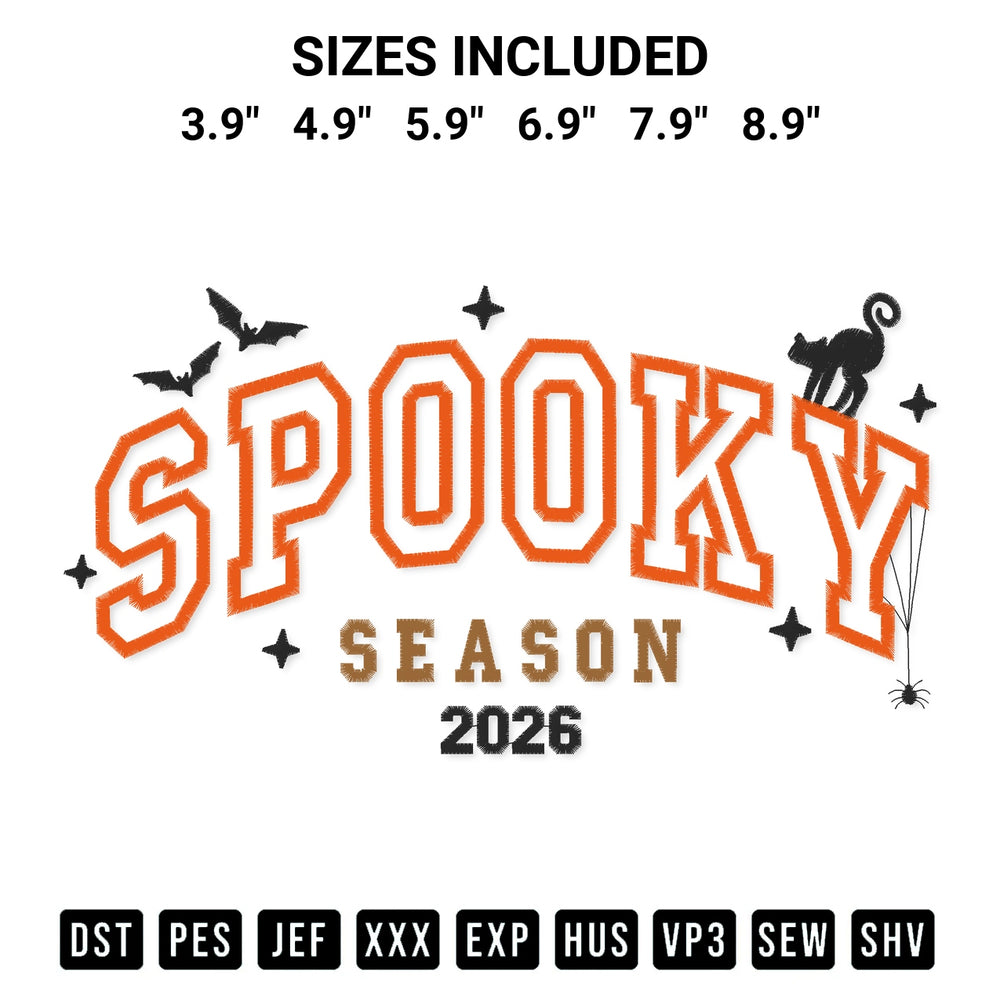 Stitch like a pro with the Spooky Season 2026 Embroidery Design embroidery pattern from Designspacks.com. High-quality digital machine embroidery file. Available sizes: 3.9", 4.9", 5.9", 6.9", 7.9", 8.9".