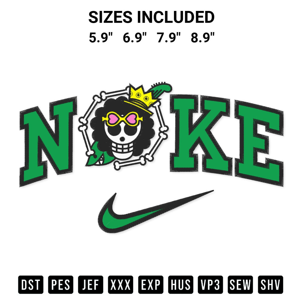 Create amazing crafts with the Brook Jolly Roger Logo X Nike Embroidery Design embroidery file. High-quality digital download from Designspacks.com, perfect for beginners and pros. Available sizes: 5.9", 6.9", 7.9", 8.9".