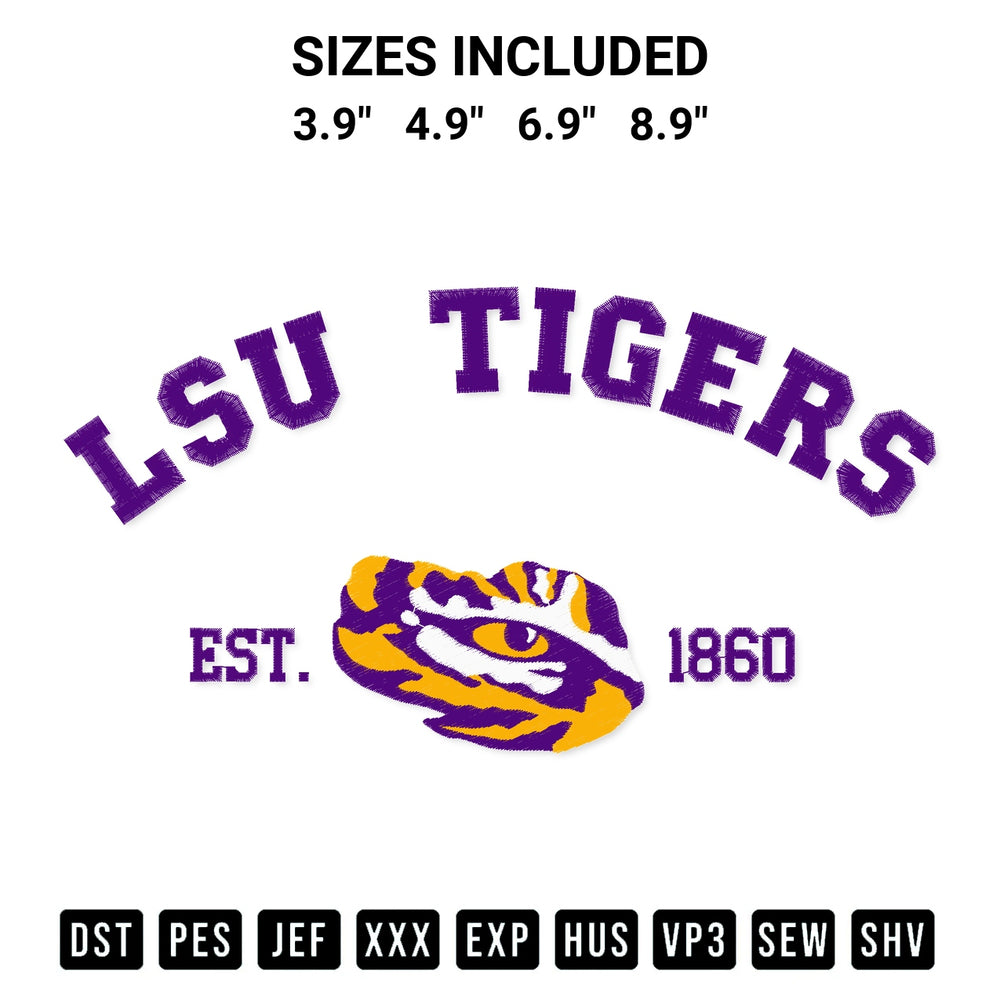 Stitch like a pro with the Lsu Tigers Est 1860 Embroidery Design embroidery pattern from Designspacks.com. High-quality digital machine embroidery file. Available sizes: 3.9", 4.9", 6.9", 8.9".
