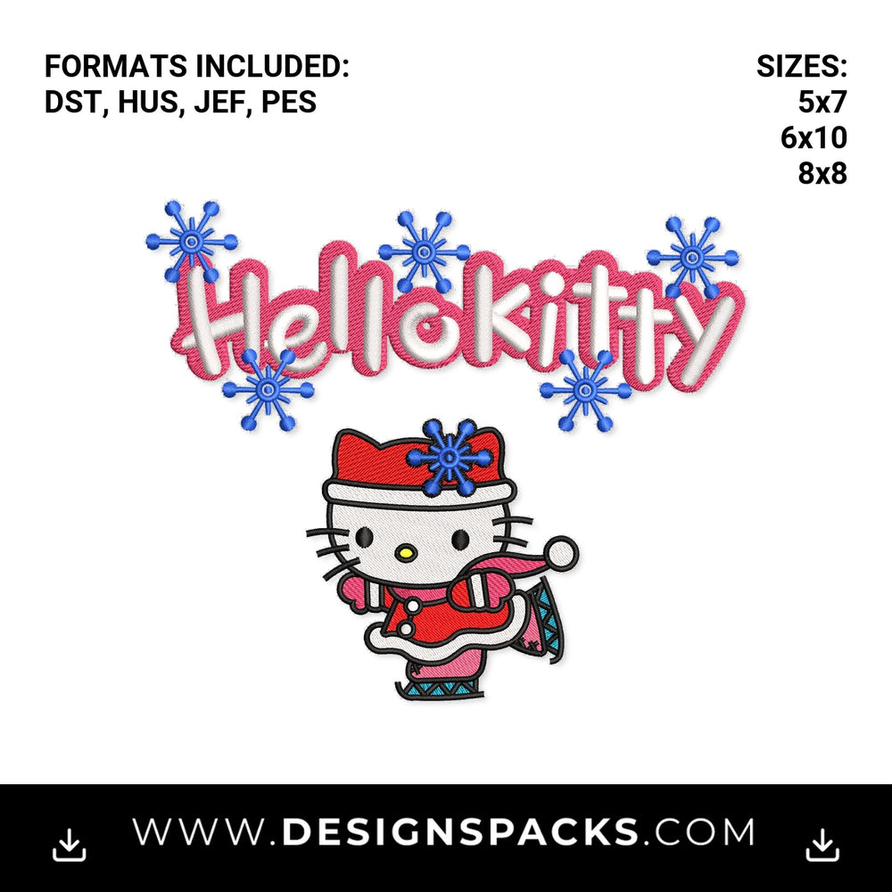 Hello Kitty Ice Skater with Snowflakes Embroidery Design - Instant digital download pattern at Designspacks.com