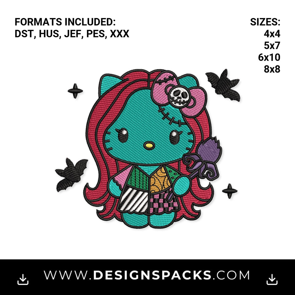 Cute Zombie Patchwork Halloween Kitty Embroidery Design - Instant digital download pattern at Designspacks.com