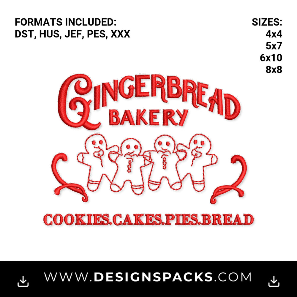 Gingerbread Bakery Christmas Redwork Embroidery Design - Instant digital download pattern at Designspacks.com