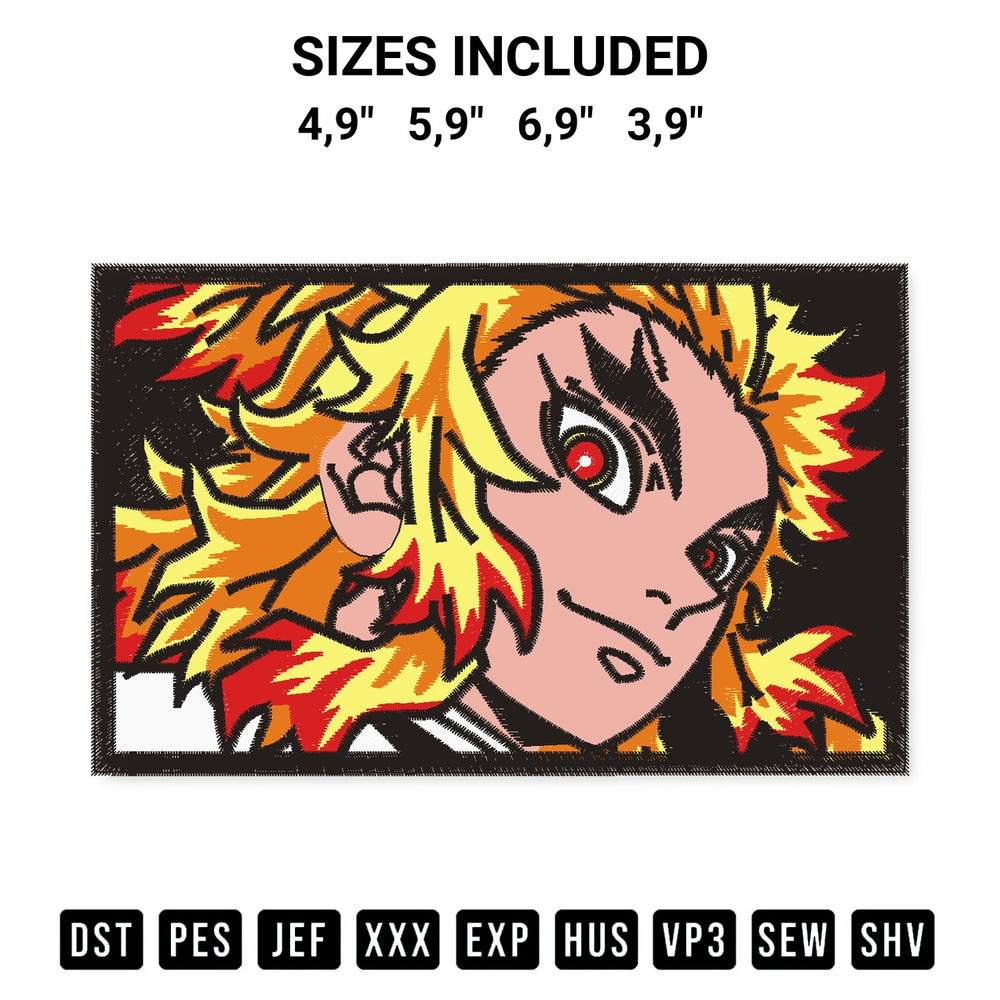 Shop the Rengoku Kyojuro Demon Slayer Logo Embroidery Design machine embroidery pattern at Designspacks.com. Beautifully digitized for flawless stitching on any fabric. Available sizes: 4,9", 5,9", 6,9", 3,9".