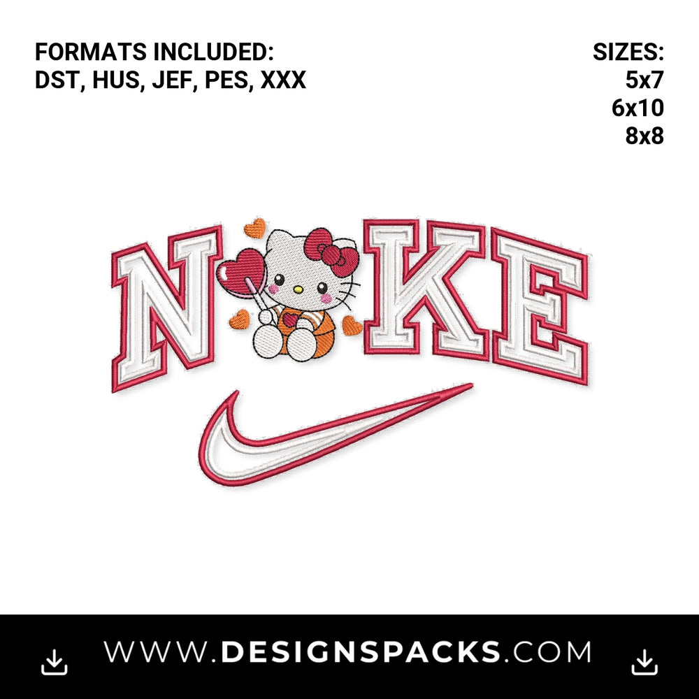 Hello Kitty Nike Swoosh Pink Varsity Heart Embroidery Design - Instant digital download pattern at Designspacks.com