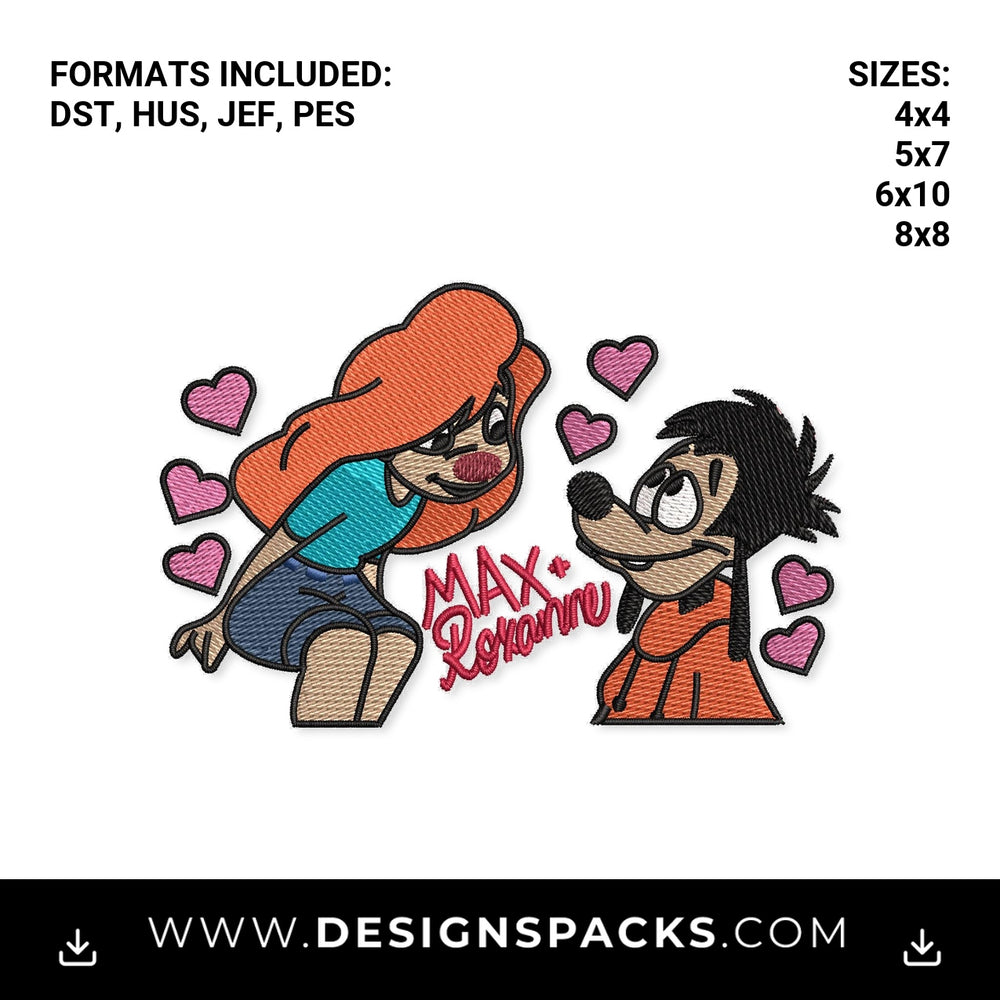 Max and Roxanne Goofy Movie Couple Embroidery Design - Instant digital download pattern at Designspacks.com