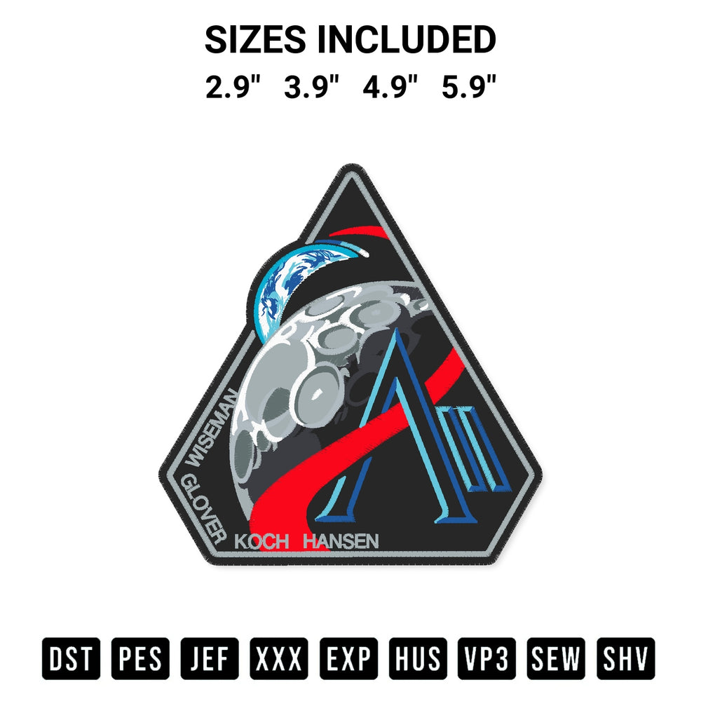 Shop the Nasa Artemis Ii Mission Embroidery Design machine embroidery pattern at Designspacks.com. Beautifully digitized for flawless stitching on any fabric. Available sizes: 2.9", 3.9", 4.9", 5.9".