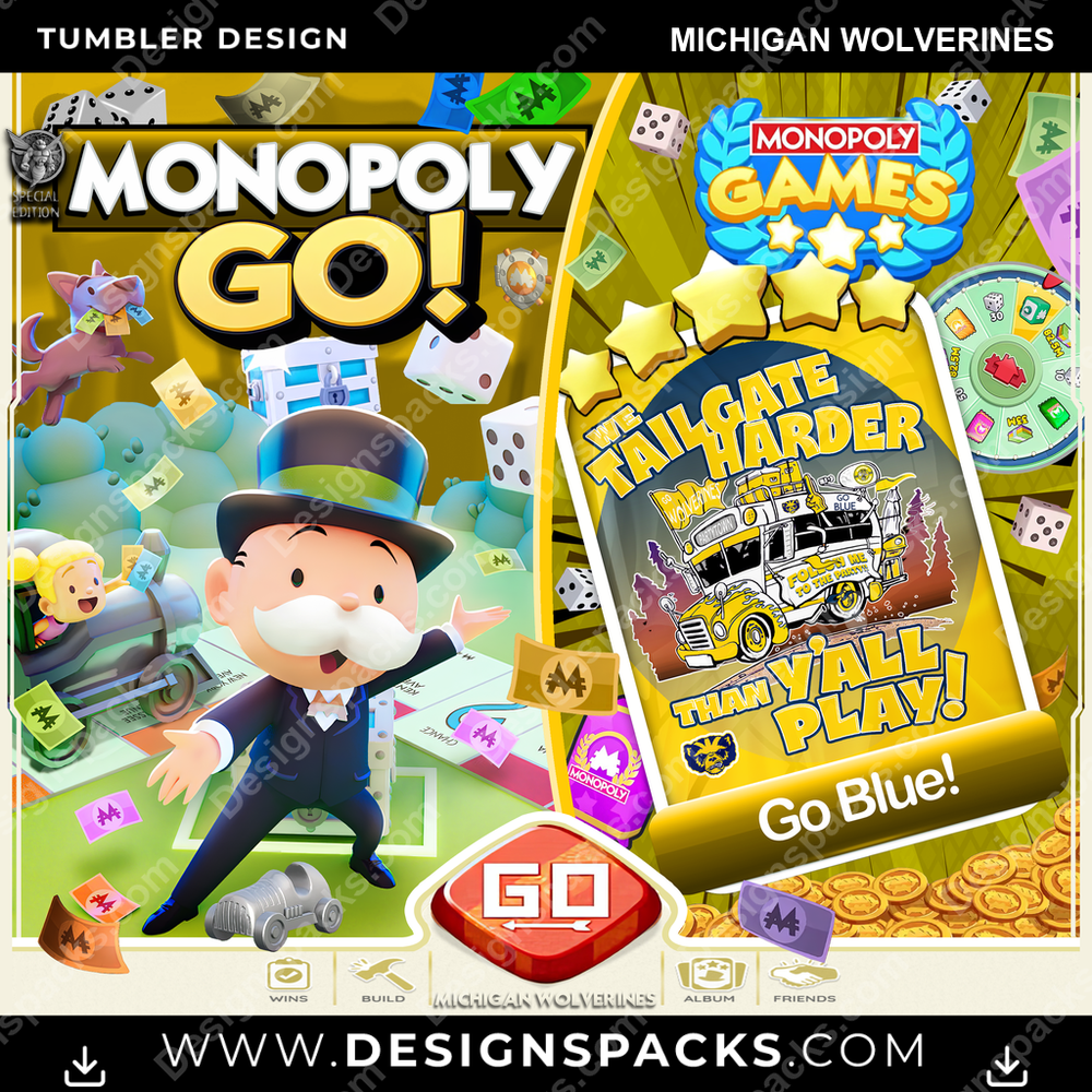 College Sport Monopoly Go! Michigan Wolverines NCAA College Sport Tumbler Digital Wrap Design Download
