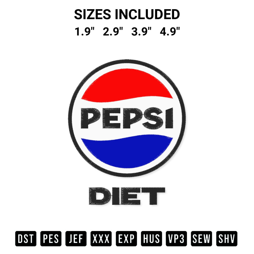 Create amazing crafts with the Diet Pepsi Embroidery Design embroidery file. High-quality digital download from Designspacks.com, perfect for beginners and pros. Available sizes: 1.9", 2.9", 3.9", 4.9".