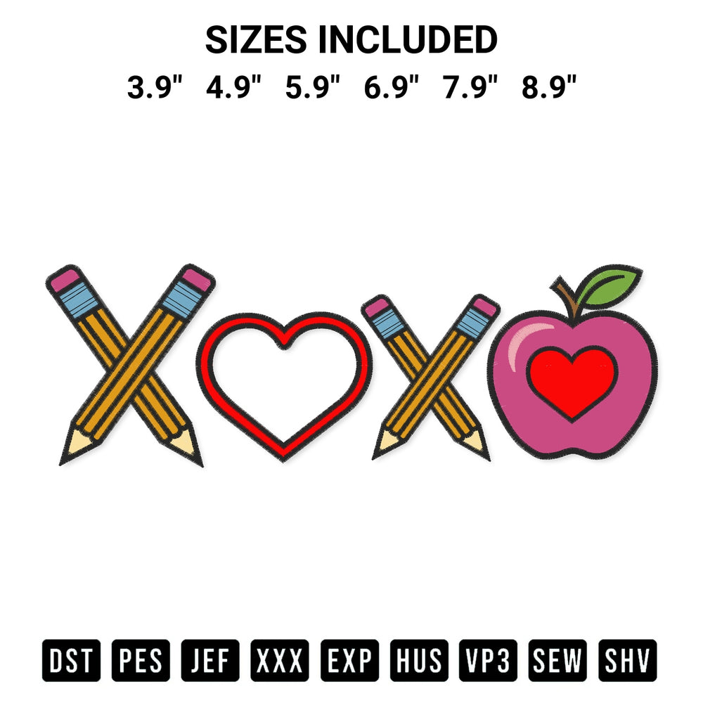Download the Xoxo Teacher Embroidery Design machine embroidery design exclusively at Designspacks.com. Premium digitized pattern for apparel and DIY crafts. Available sizes: 3.9", 4.9", 5.9", 6.9", 7.9", 8.9".