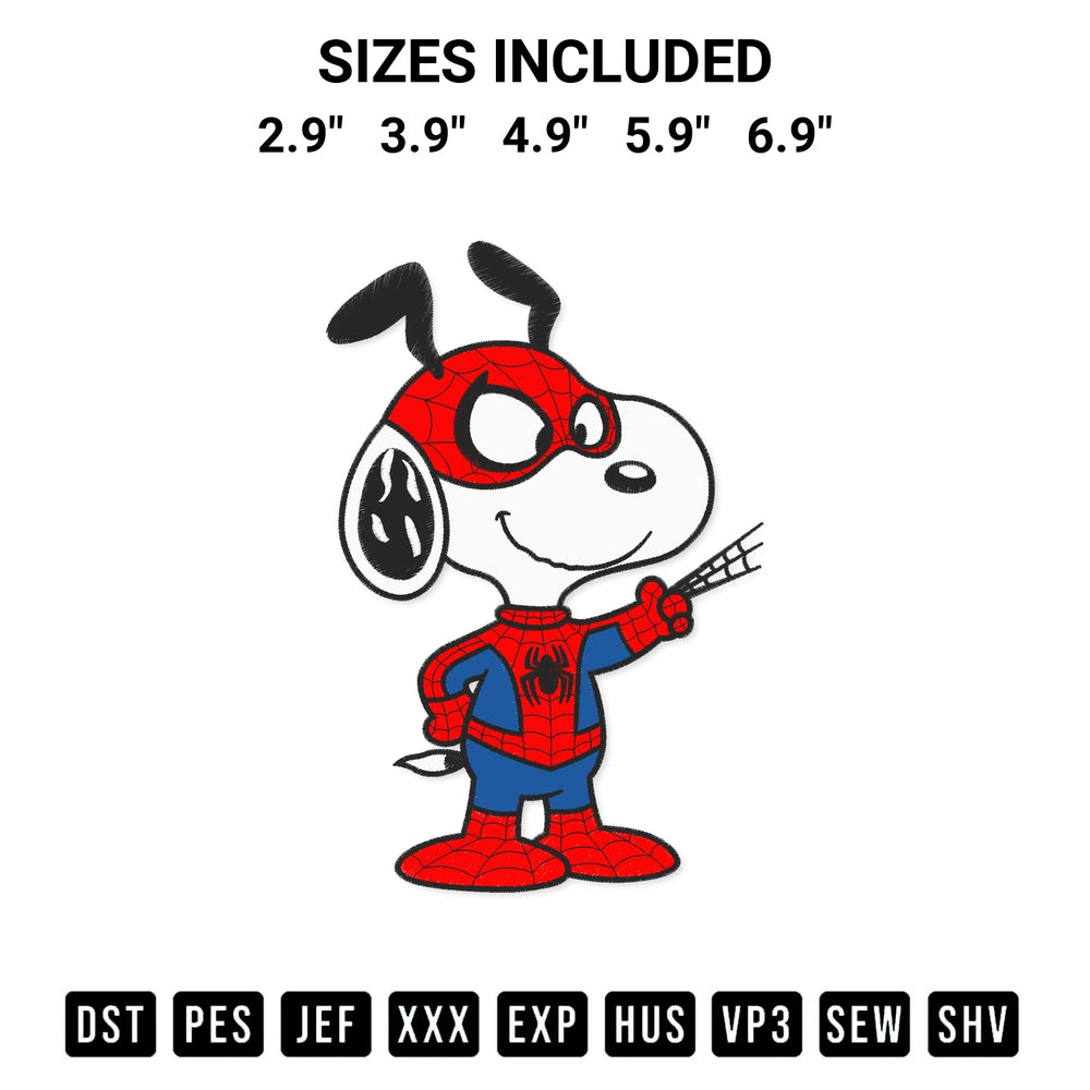 Get the Snoopy As Spider Man Embroidery Design embroidery design for your custom crafts! Premium digitized files available for instant download at Designspacks.com. Available sizes: 2.9", 3.9", 4.9", 5.9", 6.9".