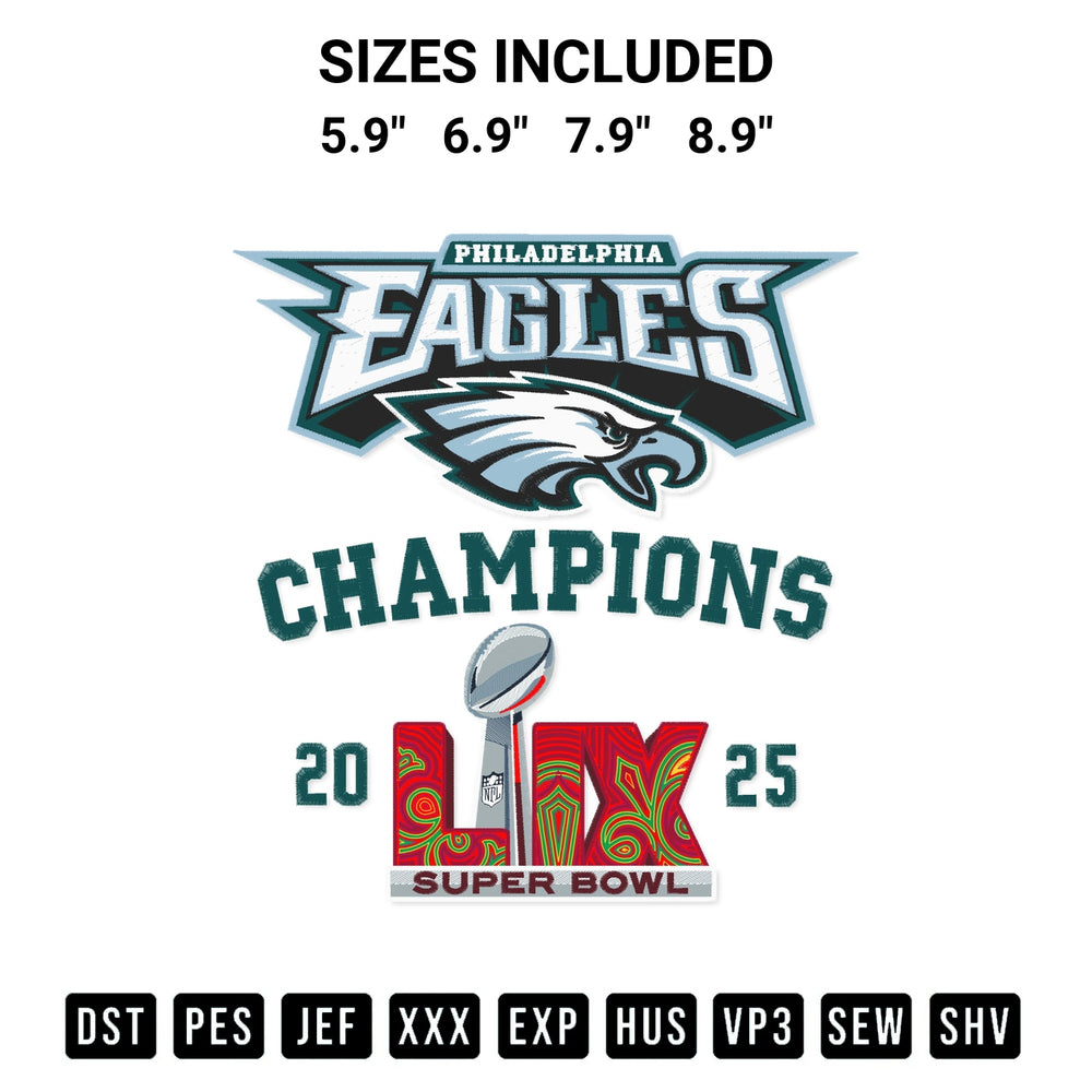 Elevate your next project with our Philadelphia Eagles Football Lix Super Bowl Champions Embroidery Design embroidery file. Shop high-quality digital patterns instantly at Designspacks.com. Available sizes: 5.9", 6.9", 7.9", 8.9".