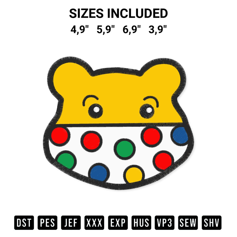 Elevate your next project with our Pudsey Bear Children In Need 5 Logo Embroidery Design embroidery file. Shop high-quality digital patterns instantly at Designspacks.com. Available sizes: 4,9", 5,9", 6,9", 3,9".