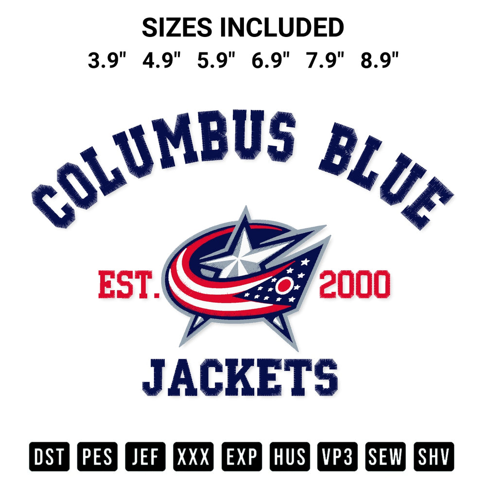 Add a unique touch to your apparel with the Columbus Blue Jackets Est 2000 Embroidery Design embroidery file. Premium instant download available now on Designspacks.com. Available sizes: 3.9", 4.9", 5.9", 6.9", 7.9", 8.9".