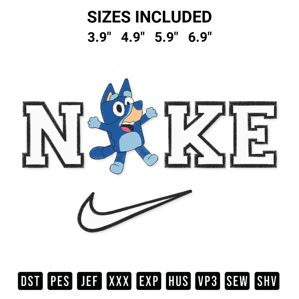 Create amazing crafts with the Nike Bluey Disney Embroidery Design embroidery file. High-quality digital download from Designspacks.com, perfect for beginners and pros. Available sizes: 3.9", 4.9", 5.9", 6.9".