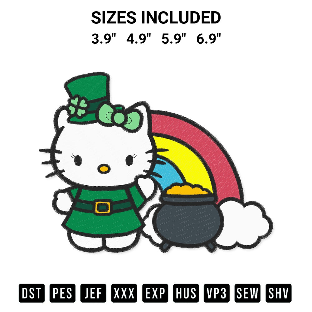 Discover the perfect addition to your crafting collection: St Patricks Day Hello Kitty Pot Of Gold And Rainbow Embroidery Design embroidery file. Instantly available at Designspacks.com. Available sizes: 3.9", 4.9", 5.9", 6.9".