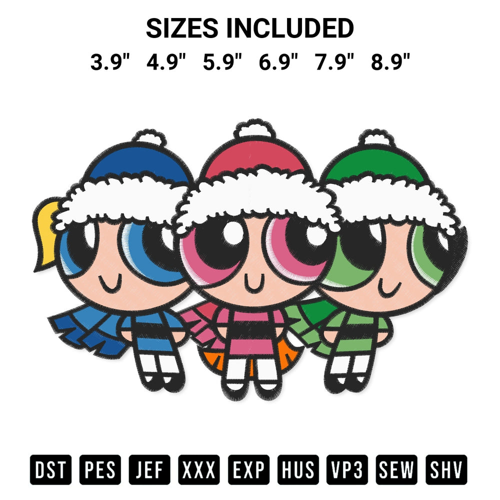 Download the The Powerpuff Girls Christmas Embroidery Design machine embroidery design exclusively at Designspacks.com. Premium digitized pattern for apparel and DIY crafts. Available sizes: 3.9", 4.9", 5.9", 6.9", 7.9", 8.9".