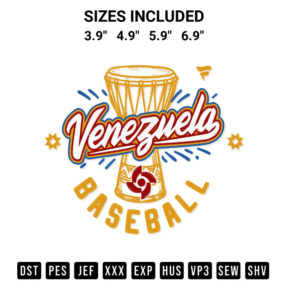 Stitch like a pro with the Venezuela Baseball 2026 World Baseball Classic Embroidery Design embroidery pattern from Designspacks.com. High-quality digital machine embroidery file. Available sizes: 3.9", 4.9", 5.9", 6.9".